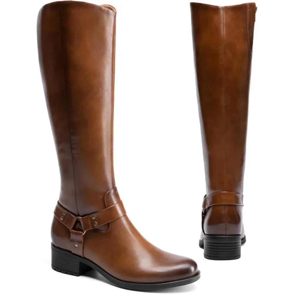 🆕Women's Polyurethane Light Brown Buckle Side Zipper Squared Toe Knee High Boot